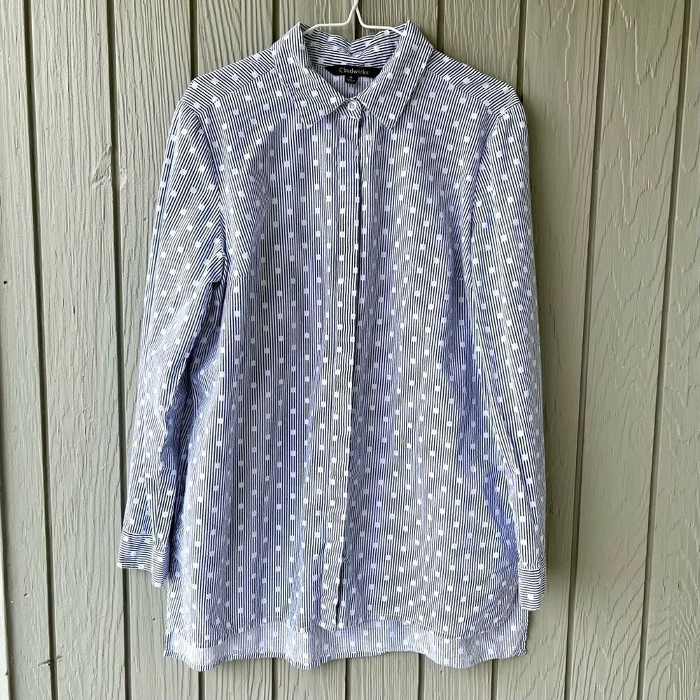 Chadwicks 100% Cotton Blue White Striped Tunic Blouse, Size M